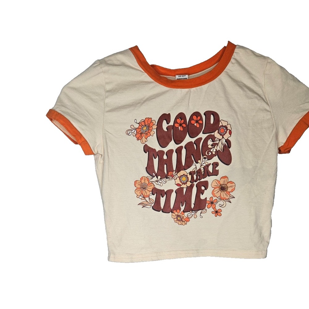 Shein Teen‎ Graphic Crop Top Good Things Take Time Floral Tee Girls 10–11Y